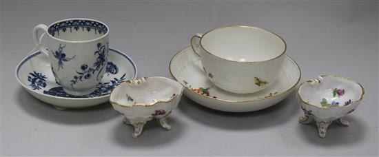 A 1st period Worcester blue and white cup and saucer, a KPM cup and saucer and a pair of Dresden shell salts (6)